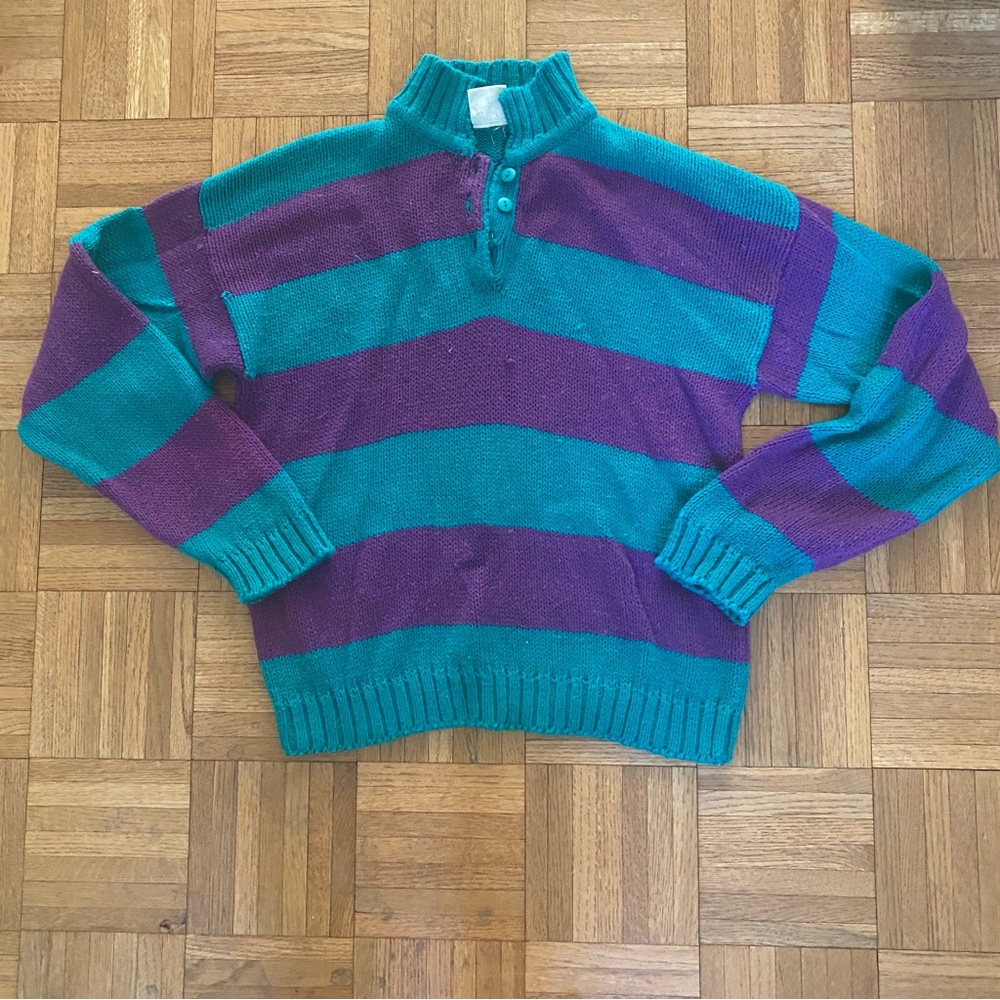 Vintage Striped Button Knit Rugby Fisherman Sweater Medium